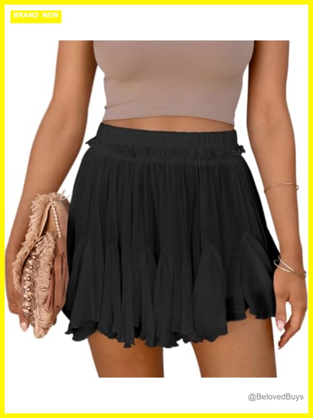 Women's Flowy Linen Boho Ruffle High Waist Mini Skort with Pockets